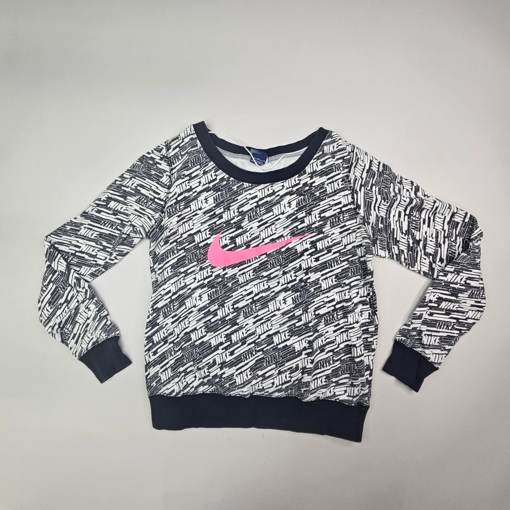Nike Sweatshirt Women Large Black White All Over Logo Print Pink Swoosh Crewneck
